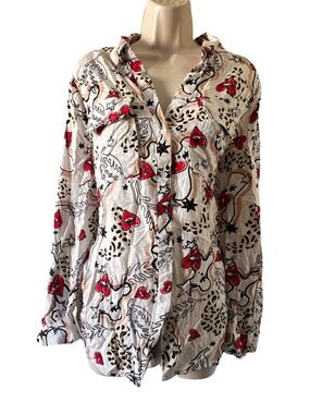 Milk & Honey Button-Down Shirt with Red Heart Print